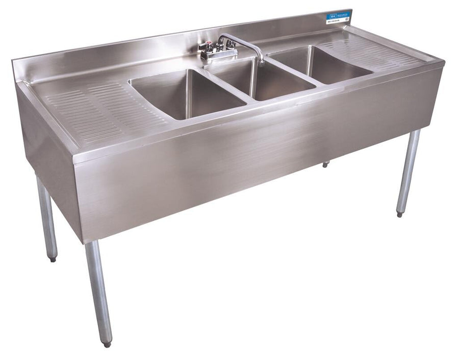 BK Resources UB4-18-384TS 18"X84" Underbar Sink w/ Legs 3 Compartment Two Drainboards & Faucet 