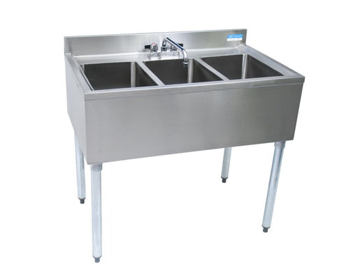 BK Resources UB4-21-336S 21"X36" Stainless Steel Underbar Sink w/ Legs 3 Compartment and Faucet