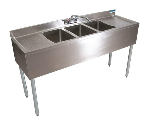 BK Resources UB4-21-360TS 21"X60" Stainless Steel Underbar Sink w/ Legs 3 Compartment Two Drainboards and Faucet