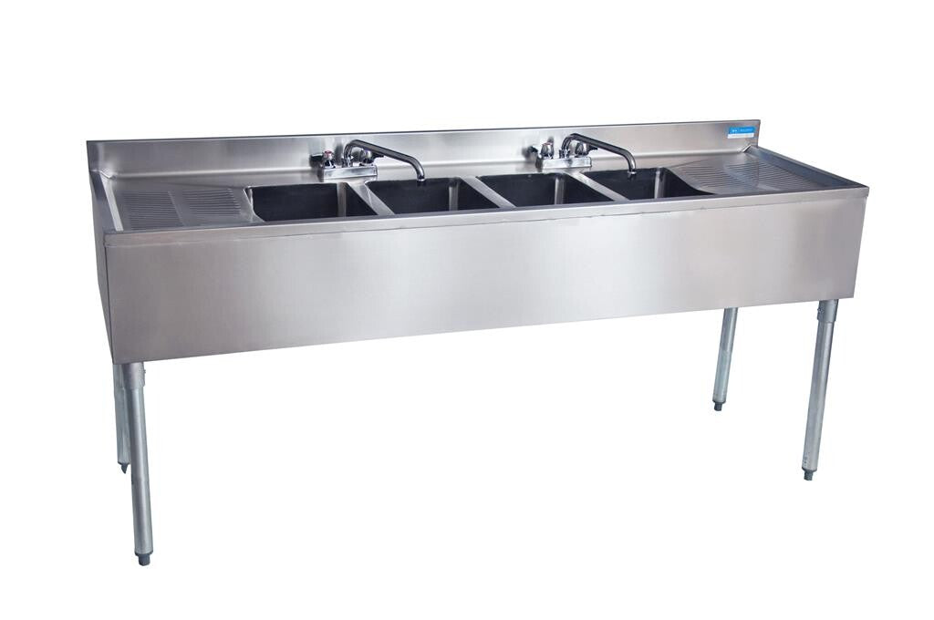 BK Resources UB4-21-484TS 21"X84" Stainless Steel Underbar Sink w/ Legs 4 Compartment Two Drainboards and Faucet 