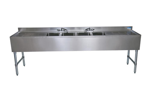 BK Resources UB4-21-496TS 21"X96" Stainless SteelUnderbar Sink w/ Legs 4 Compartment Two Drainboards and Faucet 