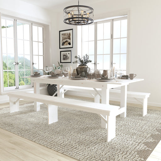8'x40" White Table/2 Bench Set