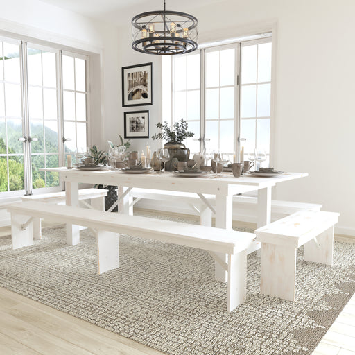 8'x40" White Table/4 Bench Set