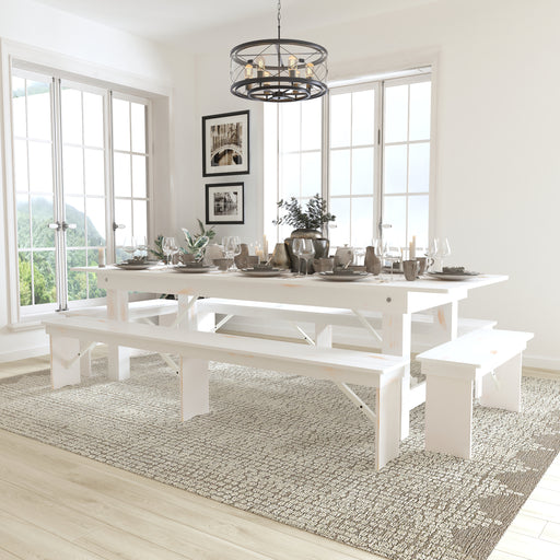 9'x40" White Table/4 Bench Set