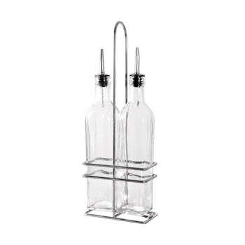 CAC China W2SQ-16S 3-Piece 16oz Oil/Vinegar Cruet (2) and Chrome Rack (1) Set